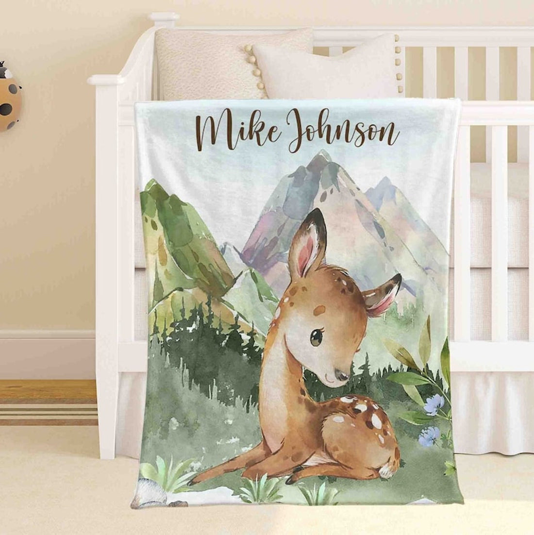 FUNSTUFFPRINT Custom  Woodland Deer Nursery Blanket, Personalized Baby Deer Blanket, Woodland Animal Baby Blanket Kids Custom Name Blanket Floral Baby Shower Gift