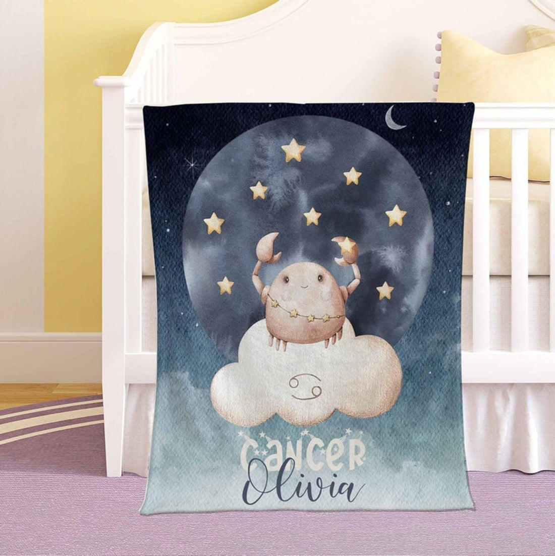 FUNSTUFFPRINT Custom  Cancer Zodiac Nursery Blanket Personalized Horoscope Baby Blanket Birthday Gift Celestial Blanket Kids Custom Name Blanket Baby Shower Gift