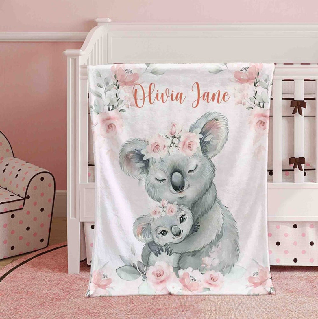 FUNSTUFFPRINT Custom  Mom And Baby Koala Nursery Blanket, Personalized Floral Koala Blanket, Flowers Girl Room Decor Kids Custom Name Blanket Baby Shower Gift