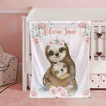 FUNSTUFFPRINT Custom  Mom And Baby Sloth Nursery Blanket, Personalized Floral Sloth Blanket, Flowers Girl Room Decor, Kids Custom Name Blanket, Baby Shower Gift