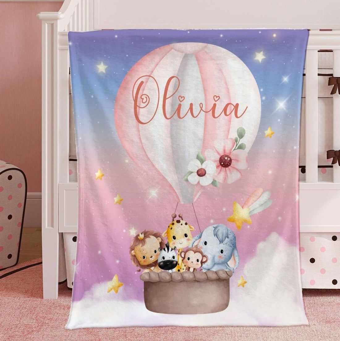 FUNSTUFFPRINT Custom Baby Animal Blanket, Safari Nursery Blanket, First Christmas Baby Blanket, Kids Custom Blanket Hot Air Balloon Baby Shower Gift