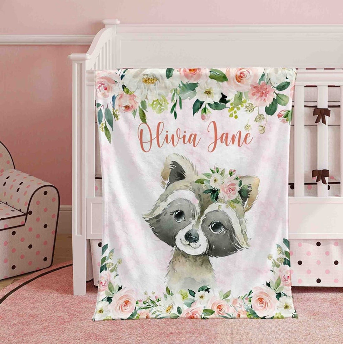 FUNSTUFFPRINT Custom  Pink Floral Raccoon Nursery Blanket, Personalized Baby Raccoon Blanket, Rose Flowers Girl Blanket, Kids Custom Name Blanket Baby Shower Gift