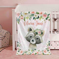 FUNSTUFFPRINT Custom  Pink Floral Raccoon Nursery Blanket, Personalized Baby Raccoon Blanket, Rose Flowers Girl Blanket, Kids Custom Name Blanket Baby Shower Gift