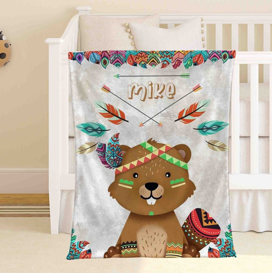 FUNSTUFFPRINT Custom  Boho Beaver Nursery Blanket, Personalized Baby Boy Blanket, Woodland Forest Toddler Blanket Custom Name Kids Blanket Safari Baby Shower Gift