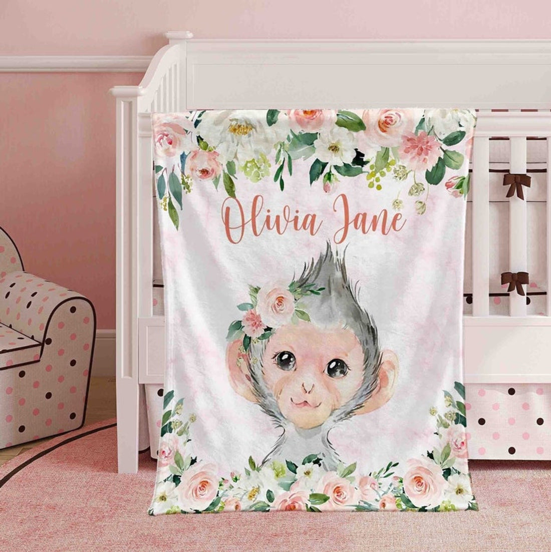 FUNSTUFFPRINT Custom  Pink Floral Monkey Nursery Blanket, Personalized Baby Monkey Blanket, Rose Flowers Girl Blanket, Kids Custom Name Blanket, Baby Shower Gift
