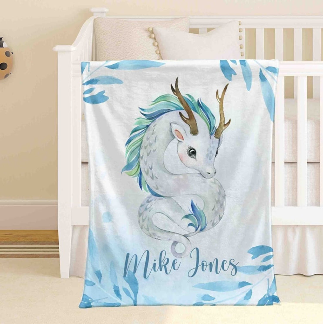 FUNSTUFFPRINT Custom  Baby Dragon Blanket, Blue Floral Dragon Nursery Blanket, Baby Boy Blanket, Personalized Baby Shower Gift, Kids Custom Name Blanket