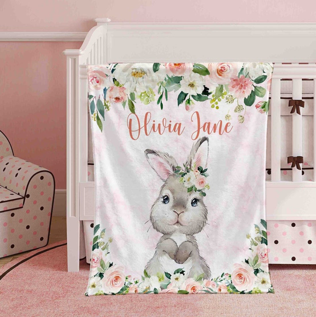 FUNSTUFFPRINT Custom  Baby Bunny Blanket, Pink Floral Rabbit Nursery Blanket, Rose Flowers Little Girl Blanket, Baby Shower Gift, Kids Custom Blanket