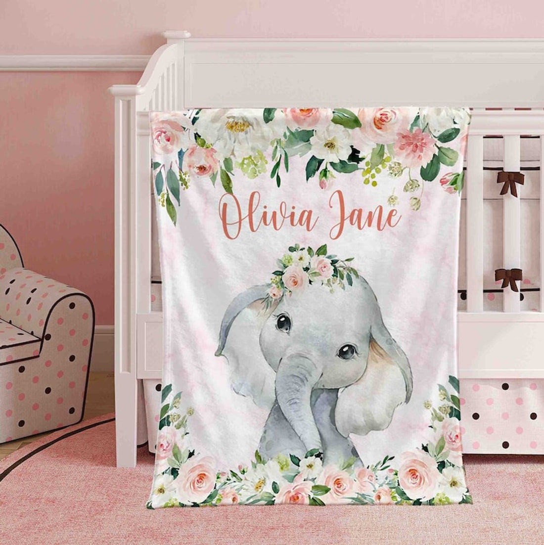 FUNSTUFFPRINT Custom  Pink Floral Elephant Nursery Blanket, Personalized Baby Elephant Blanket, Rose Flowers Girl Blanket, Kids Custom Blanket, Baby Shower Gift