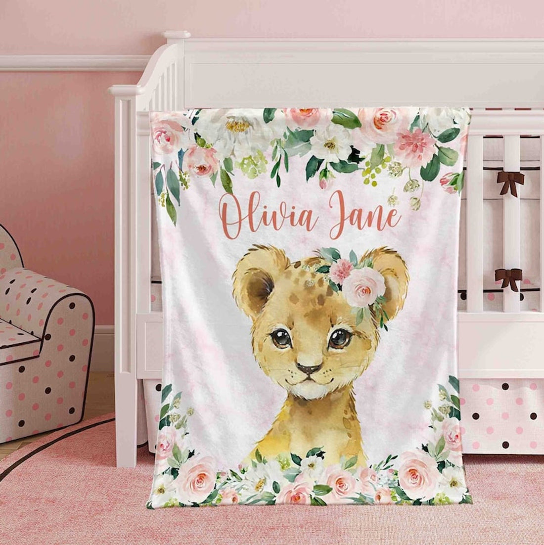 FUNSTUFFPRINT Custom  Baby Lion Blanket, Pink Floral Lion Nursery Blanket, Rose Flowers Little Girl Blanket, Kids Custom Blanket, Baby Shower Gift
