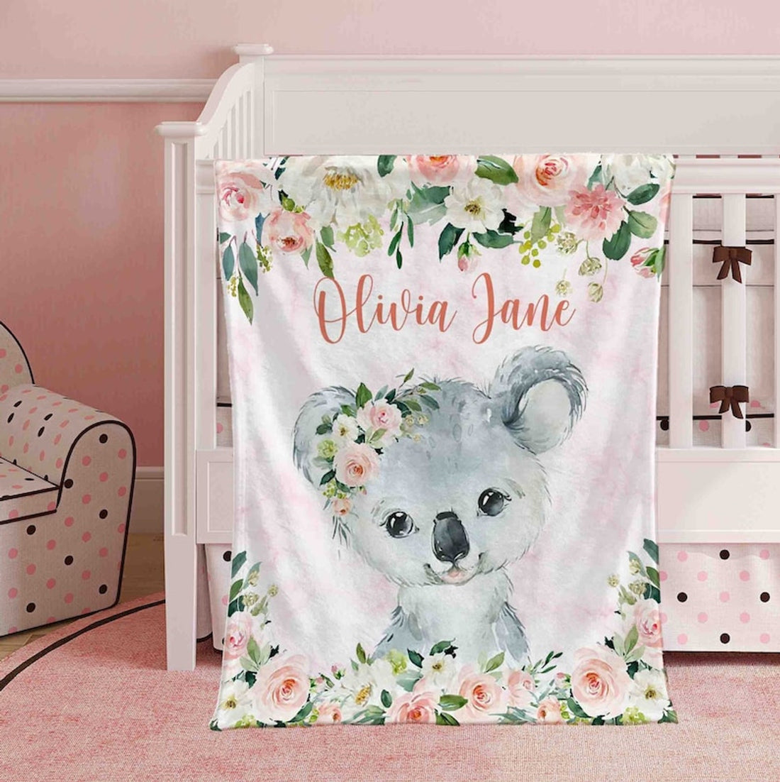 FUNSTUFFPRINT Custom  Pink Floral Koala Nursery Blanket, Personalized Baby Koala Blanket, Rose Flowers Little Girl Blanket, Kids Custom Blanket, Baby Shower Gift