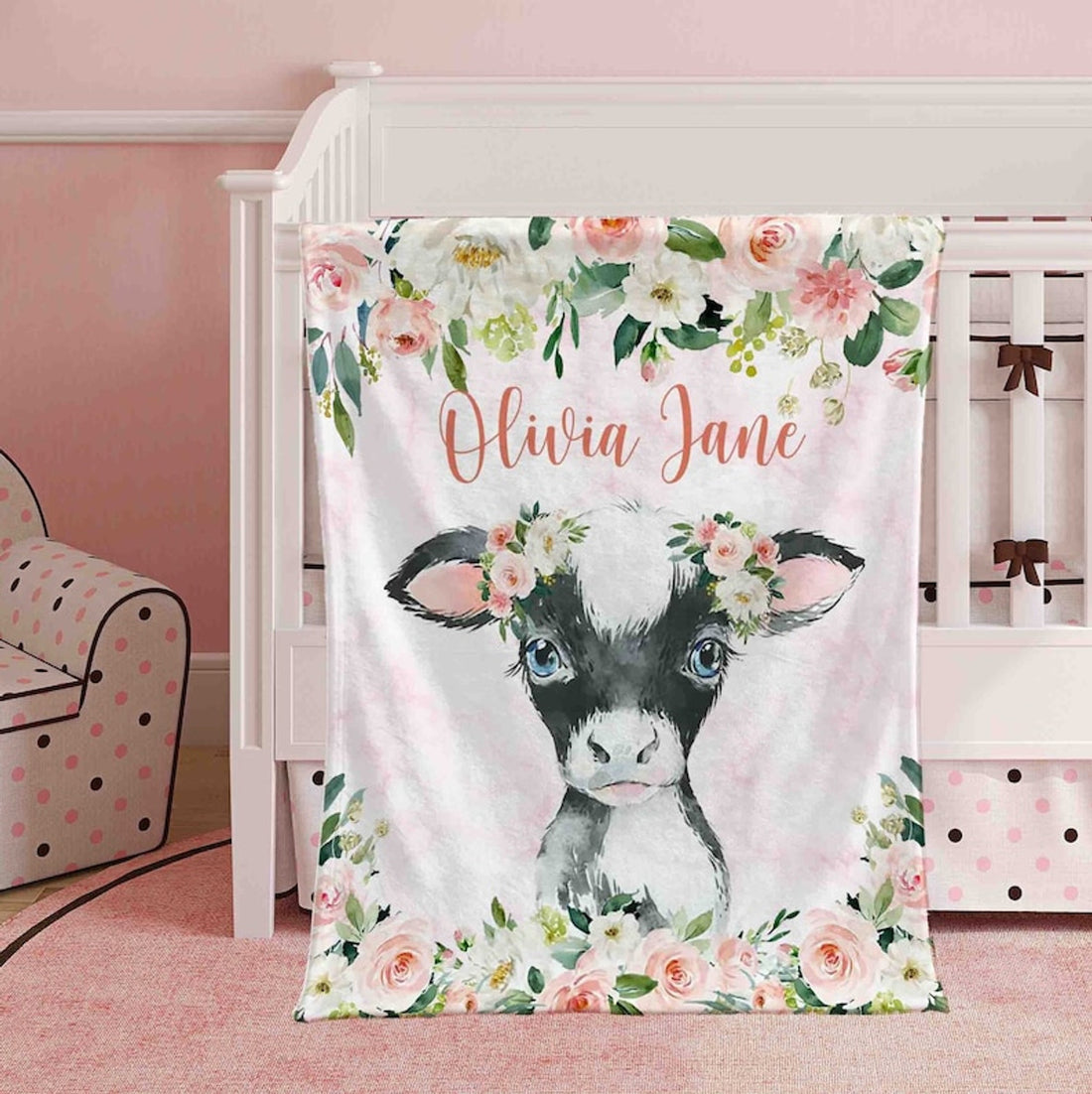 FUNSTUFFPRINT Custom  Baby Cow Blanket, Pink Floral Cow Nursery Blanket, Rose Flowers Little Girl Blanket, Baby Shower Gift, Kids Custom Name Blanket