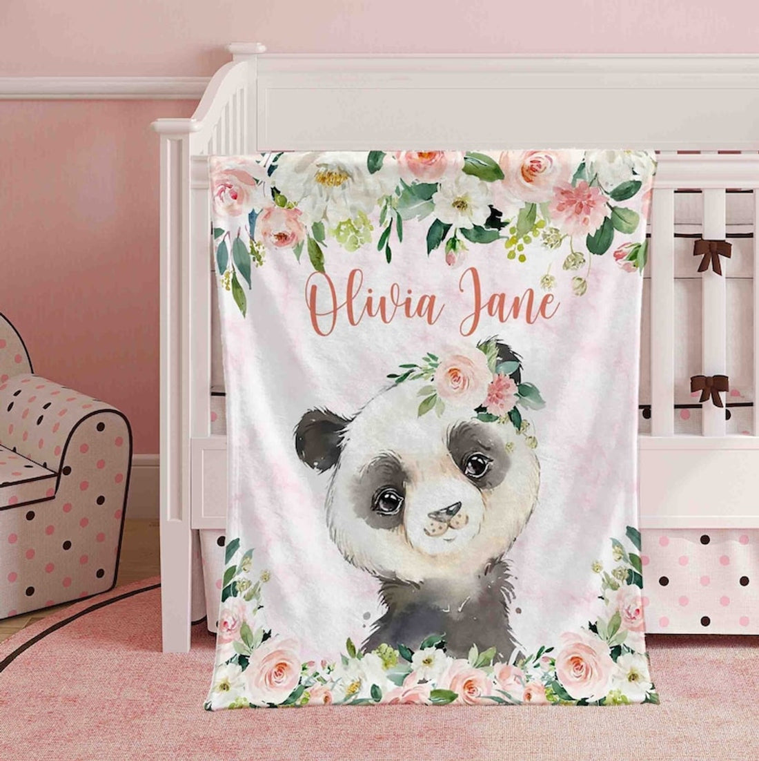 FUNSTUFFPRINT Custom  Baby Panda Blanket, Pink Floral Panda Nursery Blanket, Rose Flowers Little Girl Blanket, Baby Shower Gift, Kids Custom Blanket