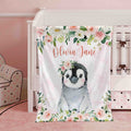 FUNSTUFFPRINT Custom  Pink Floral Penguin Nursery Blanket, Personalized Baby Blanket, Rose Flowers Little Girl Blanket Animal Baby Shower Gift Kids Custom Blanket