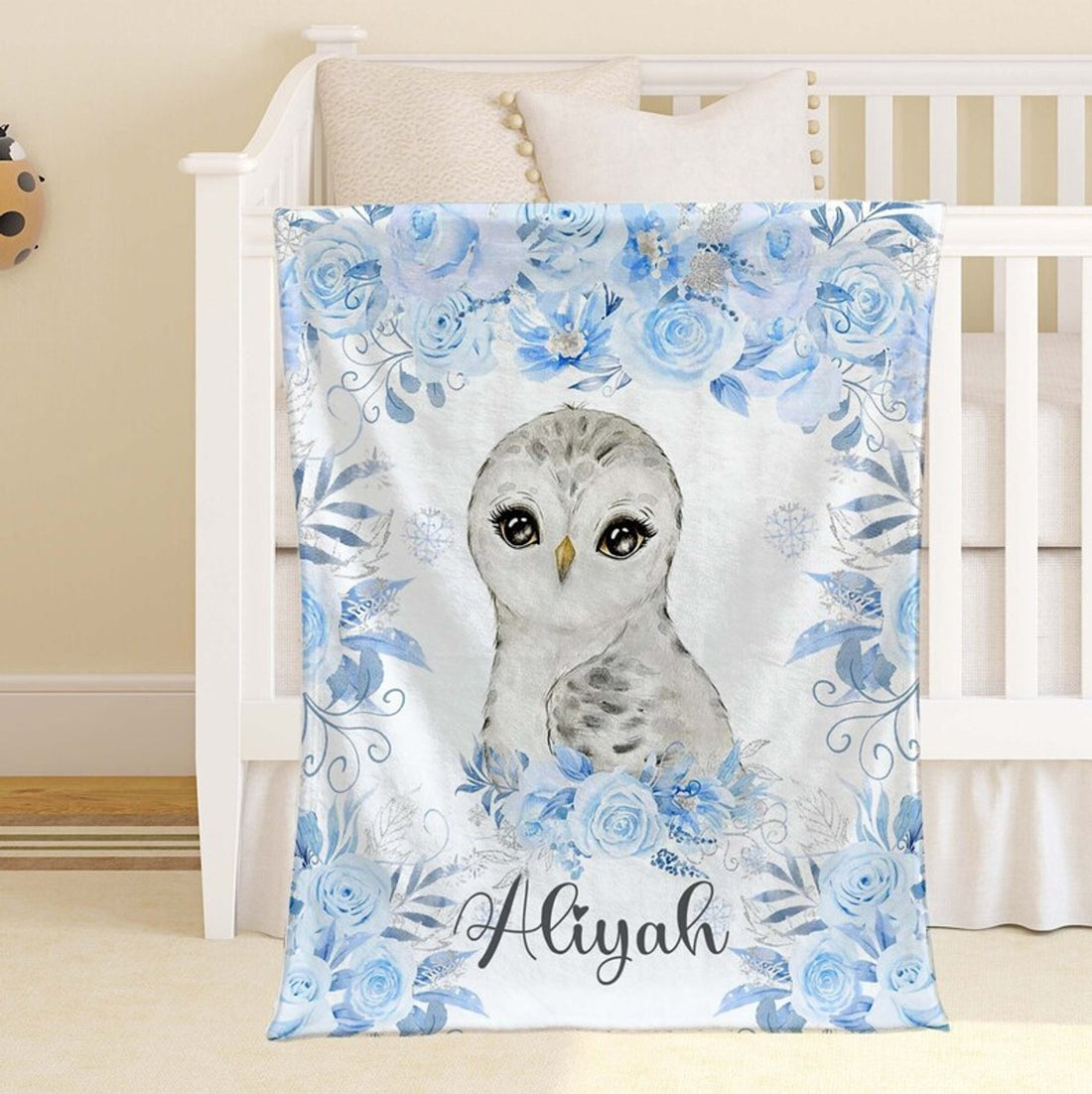 FUNSTUFFPRINT Custom  Snowy Owl Baby Blanket Personalized Baby Owl Blanket Arctic Animal Nursery Blanket Kids Custom Name Blanket Winter Floral Baby Shower Gift