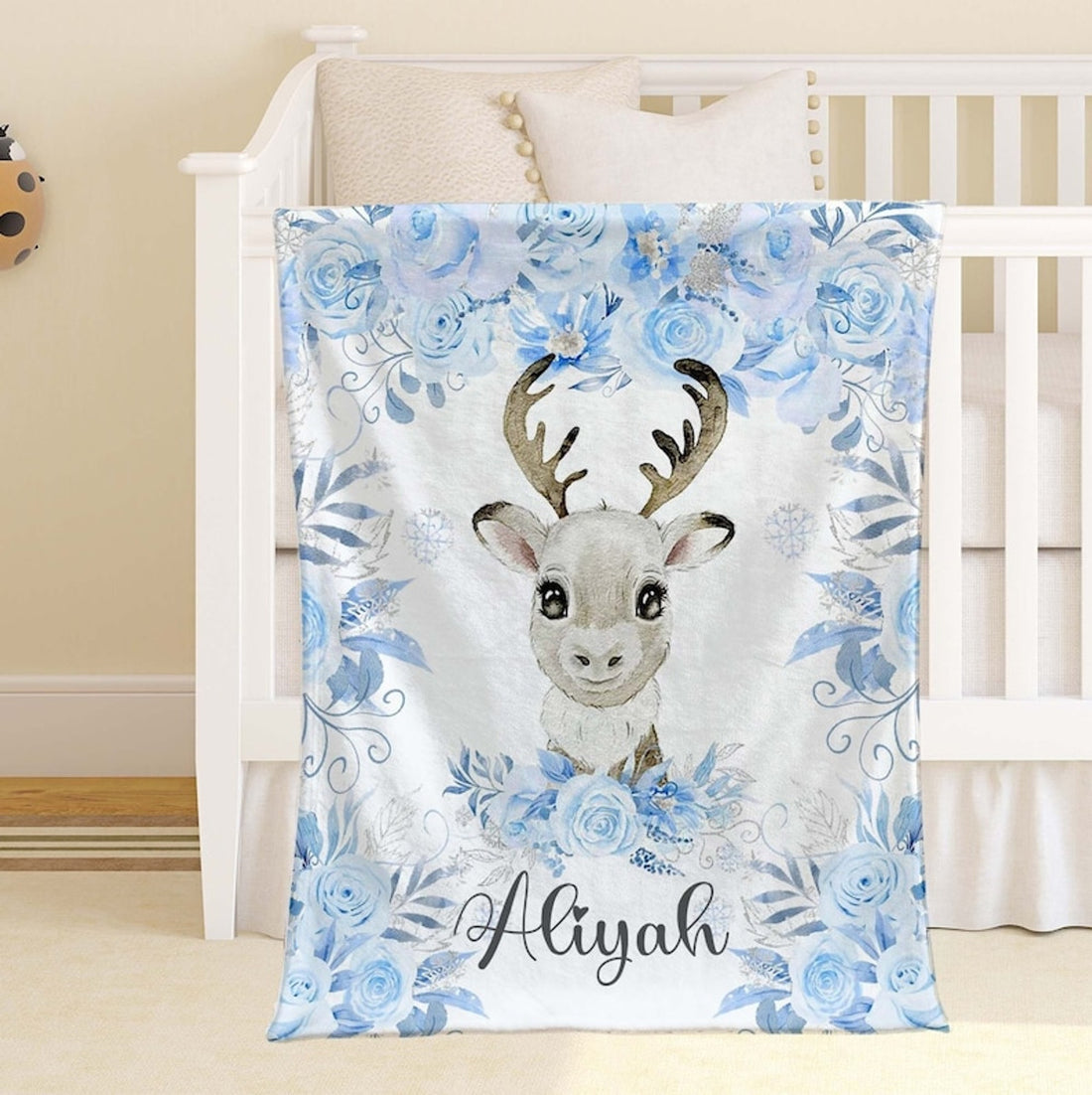 FUNSTUFFPRINT Custom  Reindeer Nursery Blanket Personalized Baby Deer Blanket Arctic Animal Baby Blanket Kids Custom Name Blanket Winter Floral Baby Shower Gift