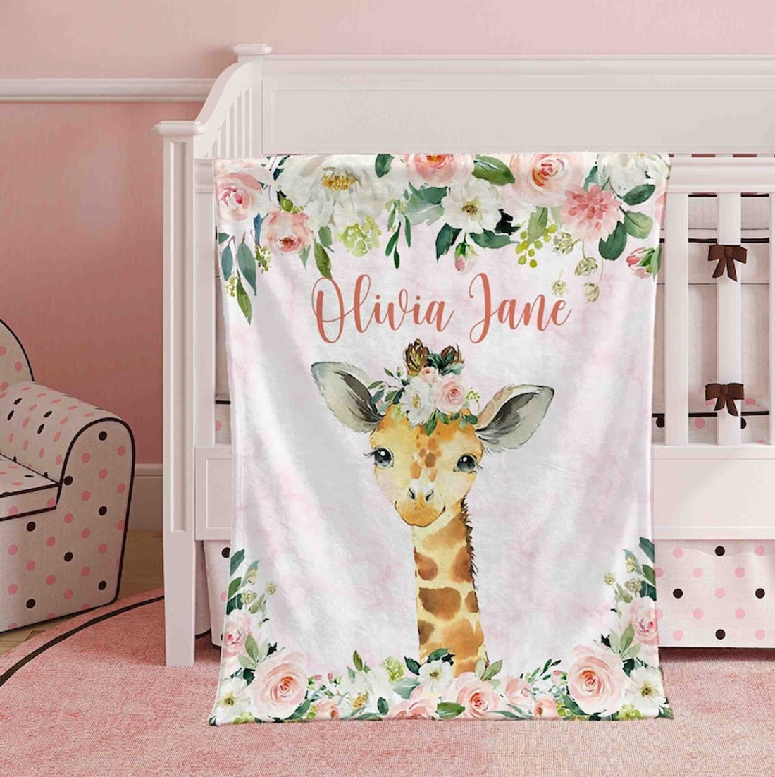 FUNSTUFFPRINT Custom  Baby Giraffe Blanket, Pink Floral Giraffe Nursery Blanket, Rose Flowers Girl Blanket, Kids Custom Blanket, Baby Shower Gift