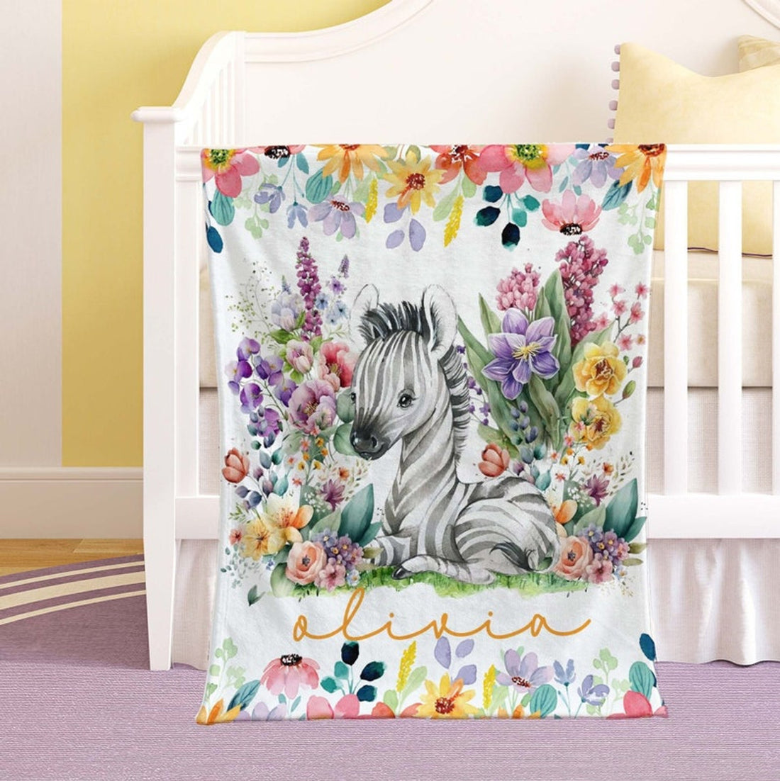 FUNSTUFFPRINT Custom  Little Zebra Baby Blanket, Colorful Floral Nursery Blanket, Personalized Jungle Animal Blanket, Kids Custom Name Blanket Baby Shower Gift