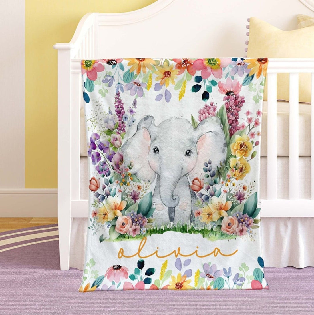 FUNSTUFFPRINT Custom  Little Elephant Baby Blanket, Colorful Floral Nursery Blanket, Personalized Safari Animal Blanket, Kids Custom Name Blanket Baby Shower Gift
