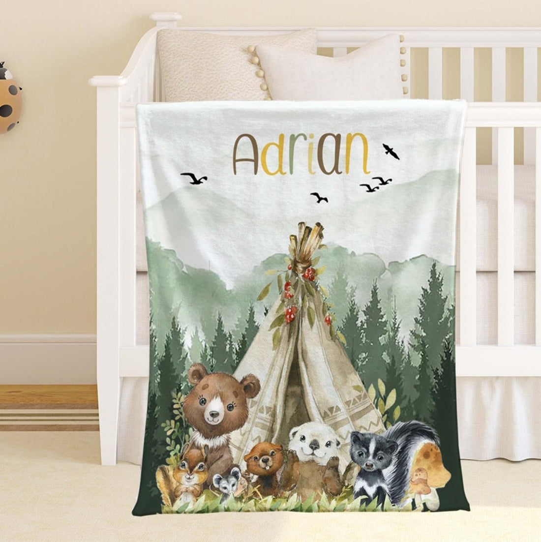 FUNSTUFFPRINT Custom  Woodland Nursery Blanket, Personalized Forest Animals Blanket, Safari Animal Baby Blanket, Kids Custom Name Blanket, Baby Shower Gift