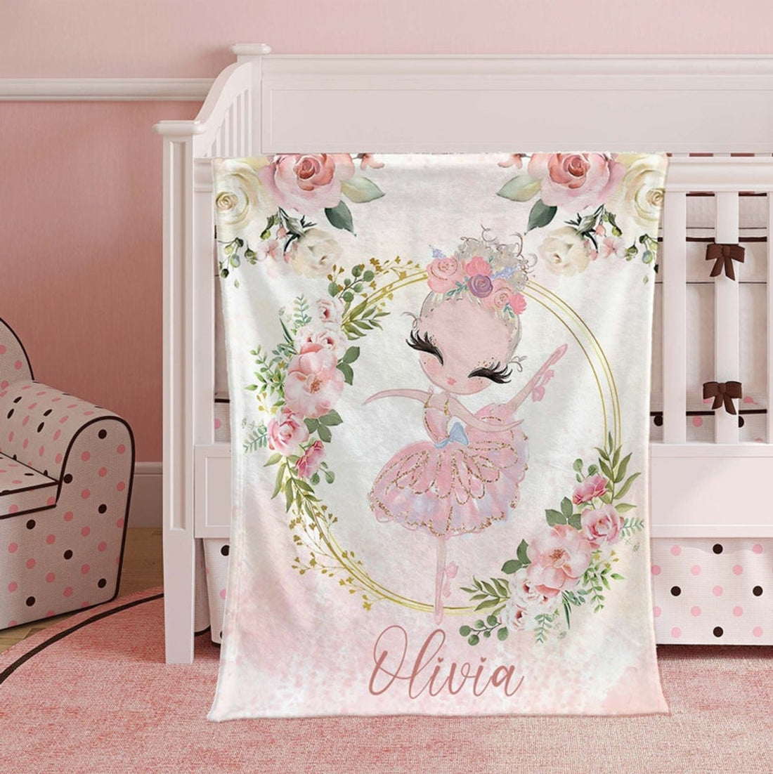 FUNSTUFFPRINT Custom  Dancer Gift, Ballet Girl Nursery Blanket, Ballerina Blanket, Flowers Baby Blanket, Kids Custom Blanket, Floral Baby Shower Gift