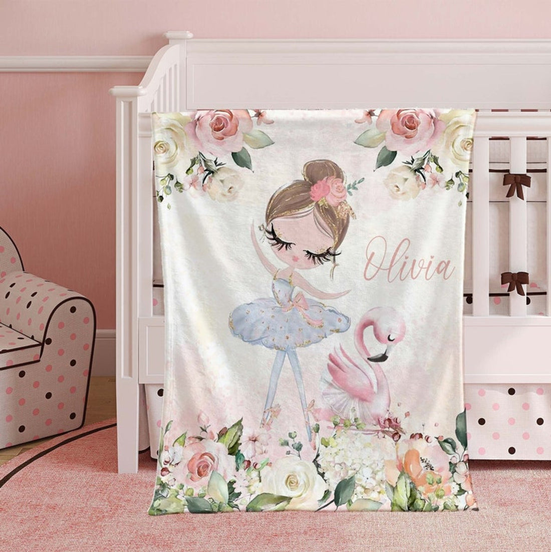 FUNSTUFFPRINT Custom  Ballet Girl Nursery Blanket, Ballerina Blanket, Personalized Dancer Gift, Flowers Baby Blanket, Kids Custom Blanket, Floral Baby Shower Gift