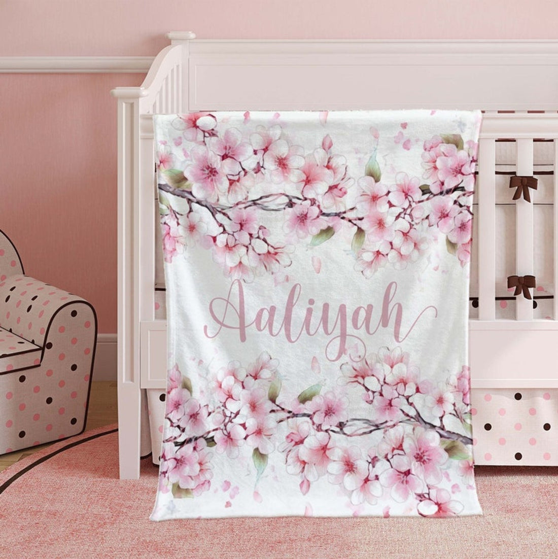 FUNSTUFFPRINT Custom  Cherry Blossom Blanket, Personalized Baby Blanket, Custom Name Nursery Blanket, Pink Floral Baby Shower Gift, Kids Custom Blanket For Her