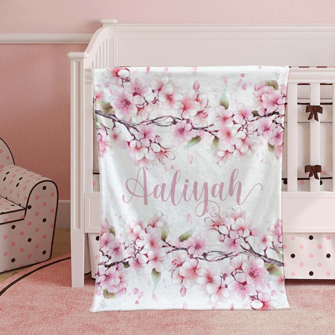 FUNSTUFFPRINT Custom  Cherry Blossom Blanket, Personalized Baby Blanket, Custom Name Nursery Blanket, Pink Floral Baby Shower Gift, Kids Custom Blanket For Her