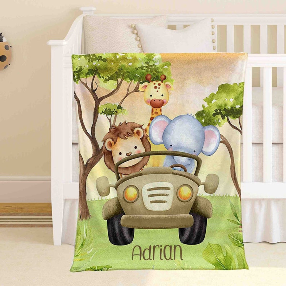FUNSTUFFPRINT Custom  Safari Animal Nursery Blanket Personalized Forest Animal Blanket Lion Giraffe Baby Blanket Kids Custom Name Blanket Floral Baby Shower Gift