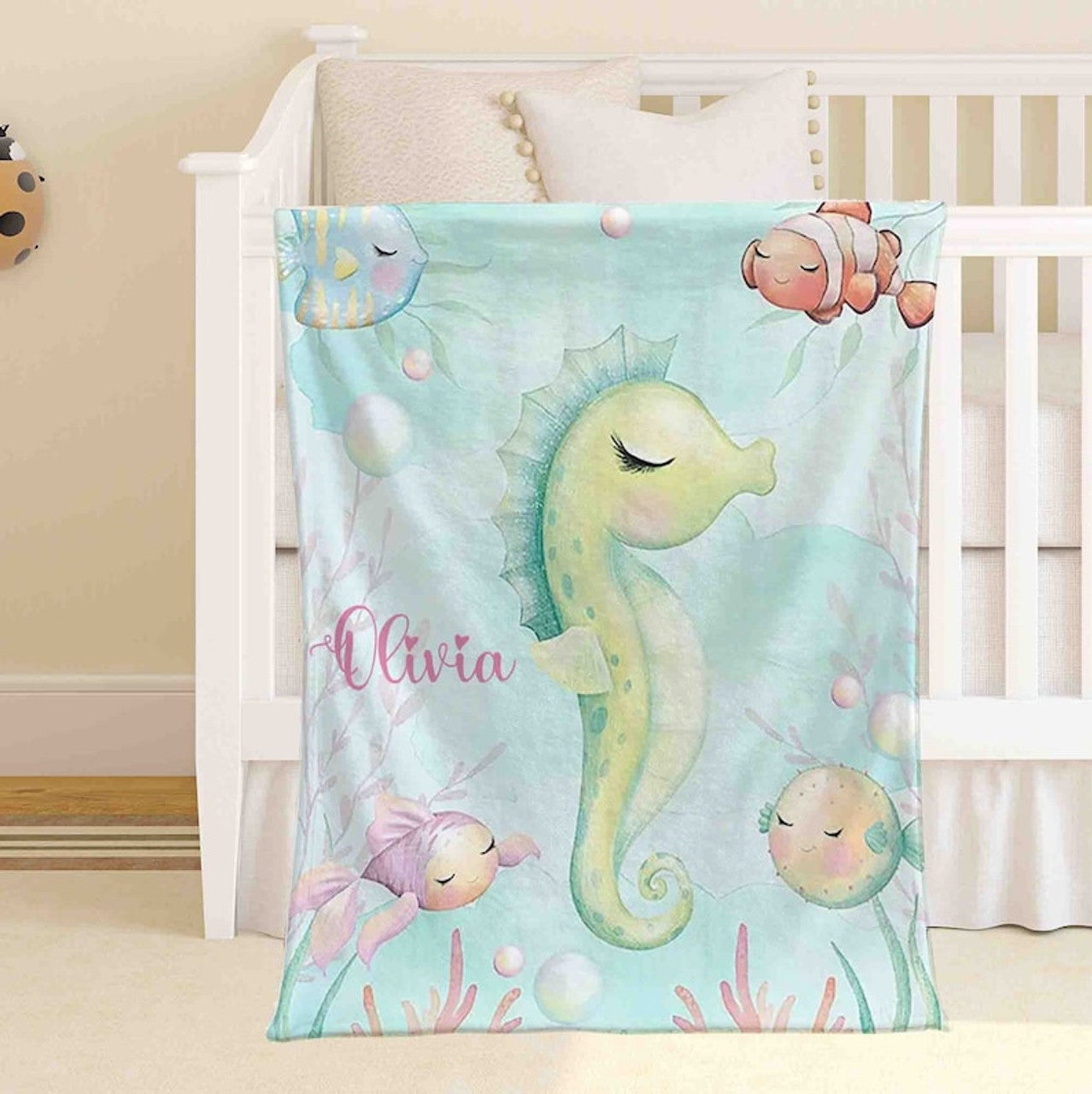 FUNSTUFFPRINT Custom  Little Seahorse Blanket Personalized Ocean Animal Nursery Blanket Sea Animal Kids Custom Name Blanket Ocean Baby Shower Gift Christmas Throw