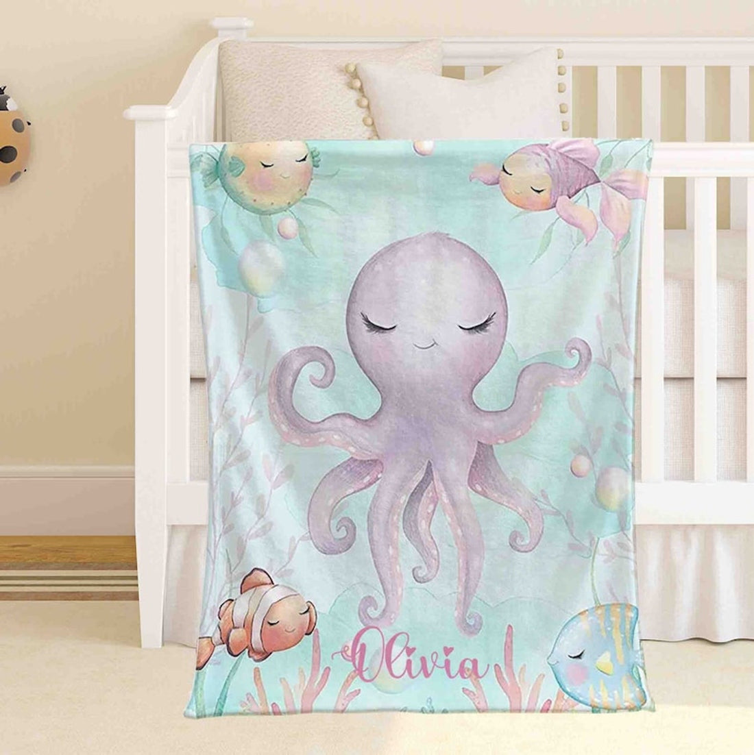 FUNSTUFFPRINT Custom  Little Octopus Blanket Personalized Ocean Animal Nursery Blanket Sea Animal Kids Custom Name Blanket Ocean Baby Shower Gift Christmas Throw