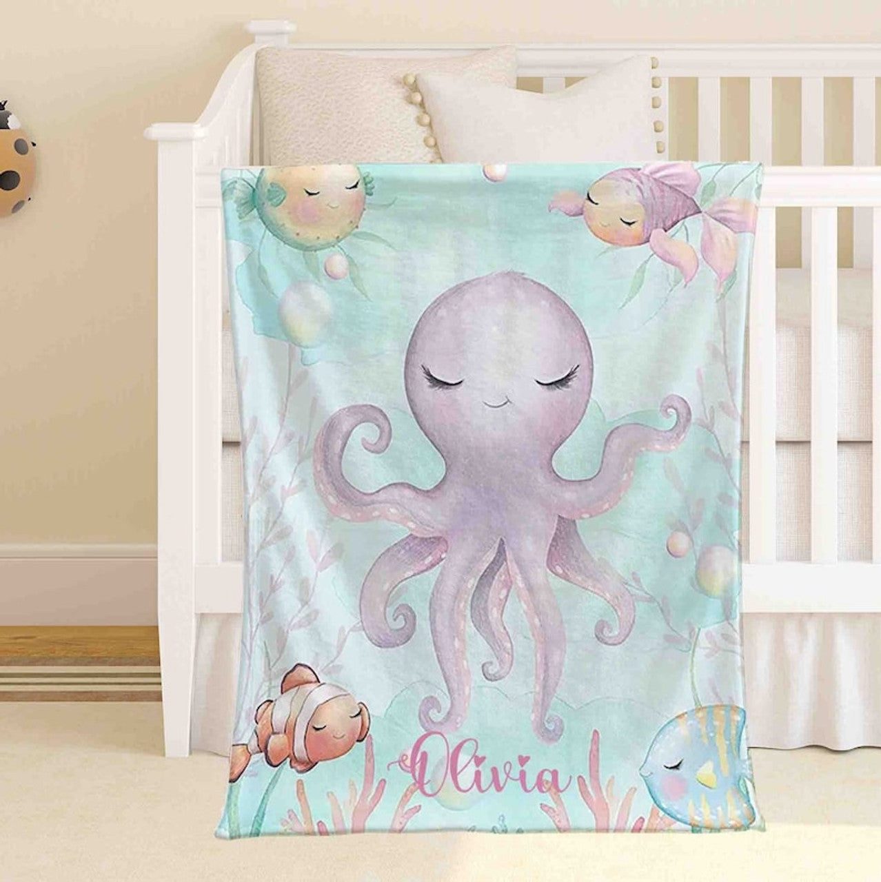 FUNSTUFFPRINT Custom  Little Octopus Blanket Personalized Ocean Animal Nursery Blanket Sea Animal Kids Custom Name Blanket Ocean Baby Shower Gift Christmas Throw