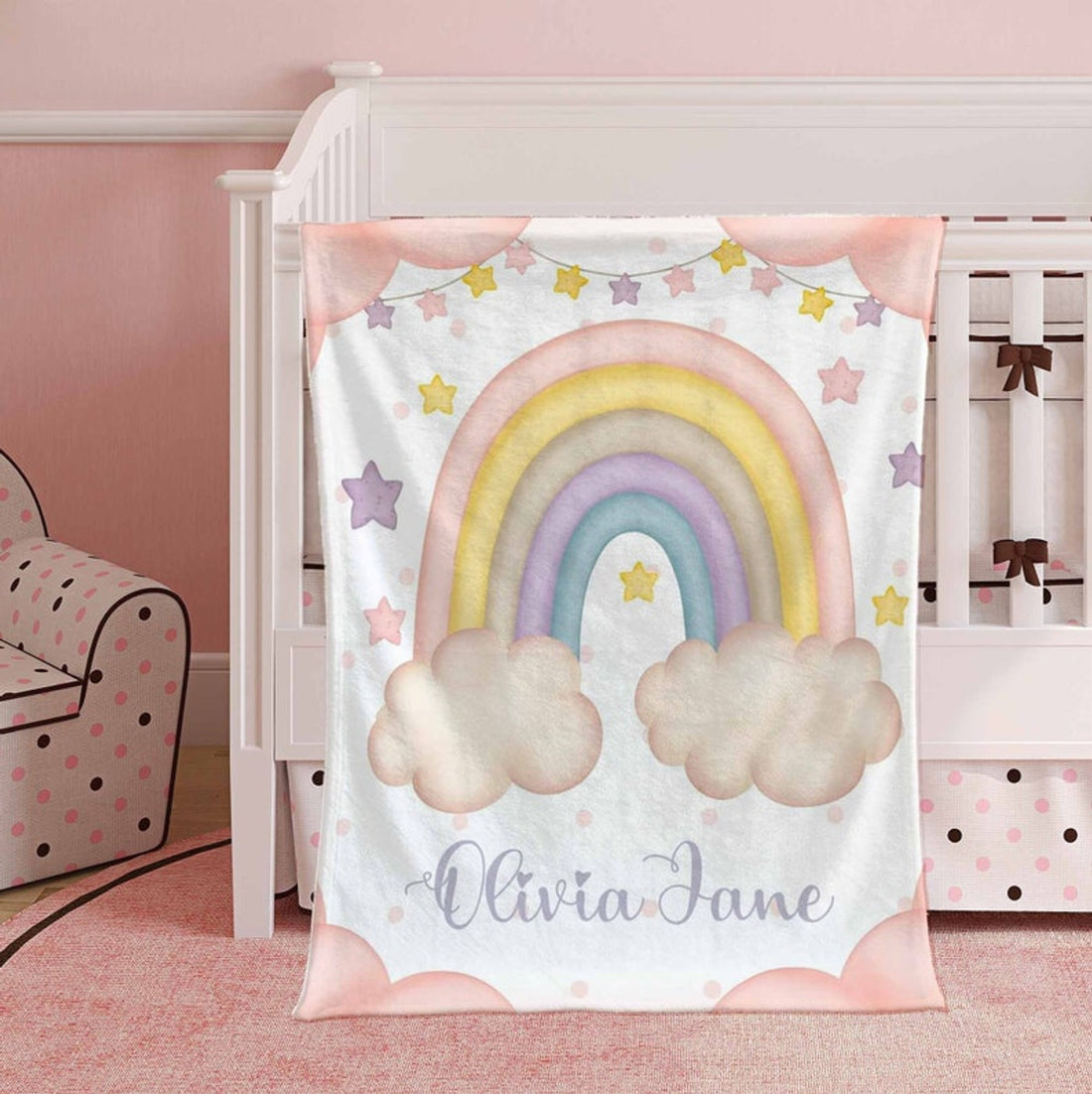 FUNSTUFFPRINT Custom  Boho Rainbow Nursery Blanket Personalized Floral Rainbow Baby Blanket Kids Custom Name Blanket Baby Shower Gift Winter Throw Blanket Gift