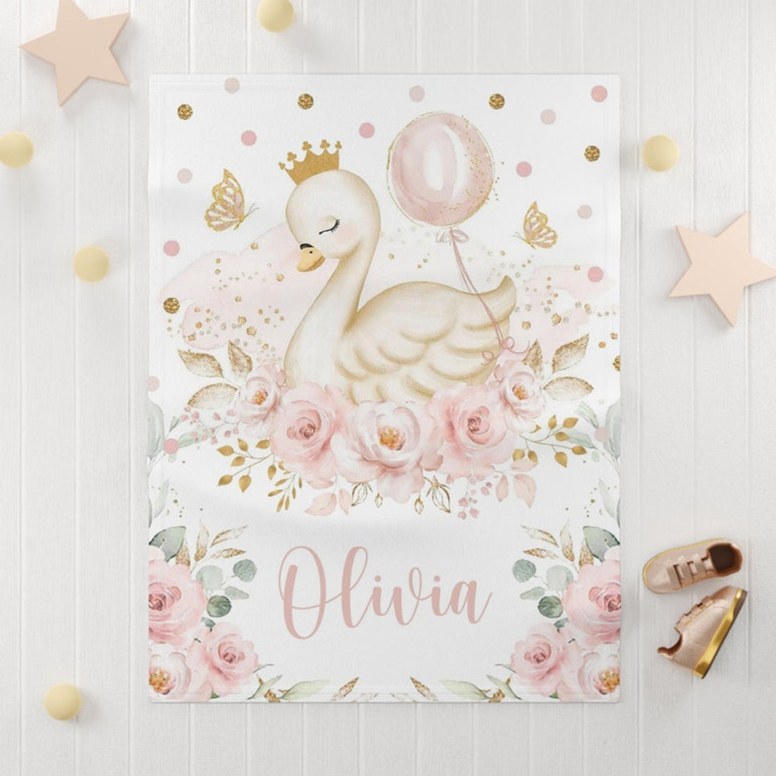 FUNSTUFFPRINT Custom  Princess Swan Blanket Personalized Christmas Nursery Blanket Little Swan Kids Custom Name Blanket Spring Floral Baby Shower Gift For Girls