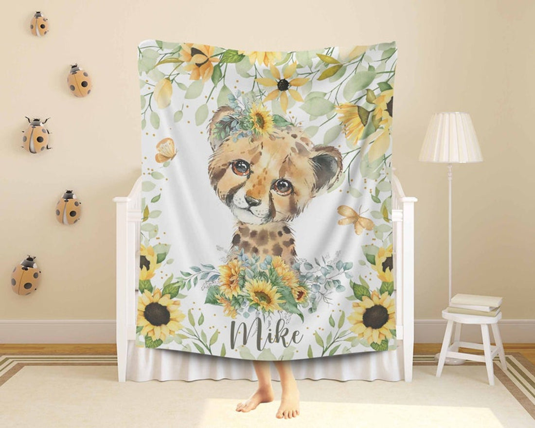 FUNSTUFFPRINT Custom  Leopard Sunflower Nursery Blanket, Personalized Baby Cheetah Blanket, Forest Baby Blanket, Kids Custom Name Blanket, Floral Baby Shower Gift