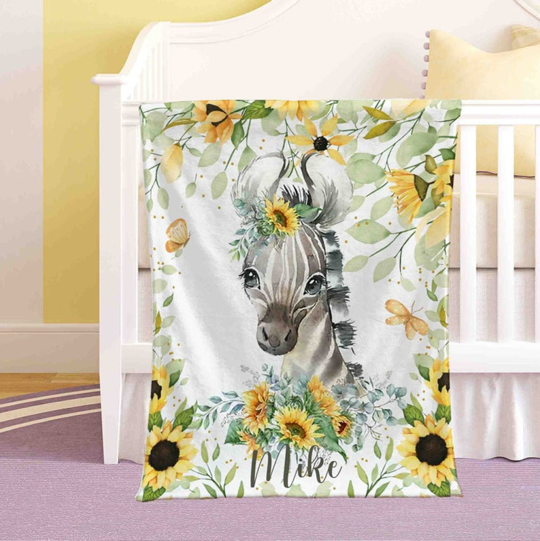 FUNSTUFFPRINT Custom  Zebra Sunflower Nursery Blanket, Personalized Baby Animal Blanket, Safari Baby Blanket, Kids Custom Name Blanket, Floral Baby Shower Gift