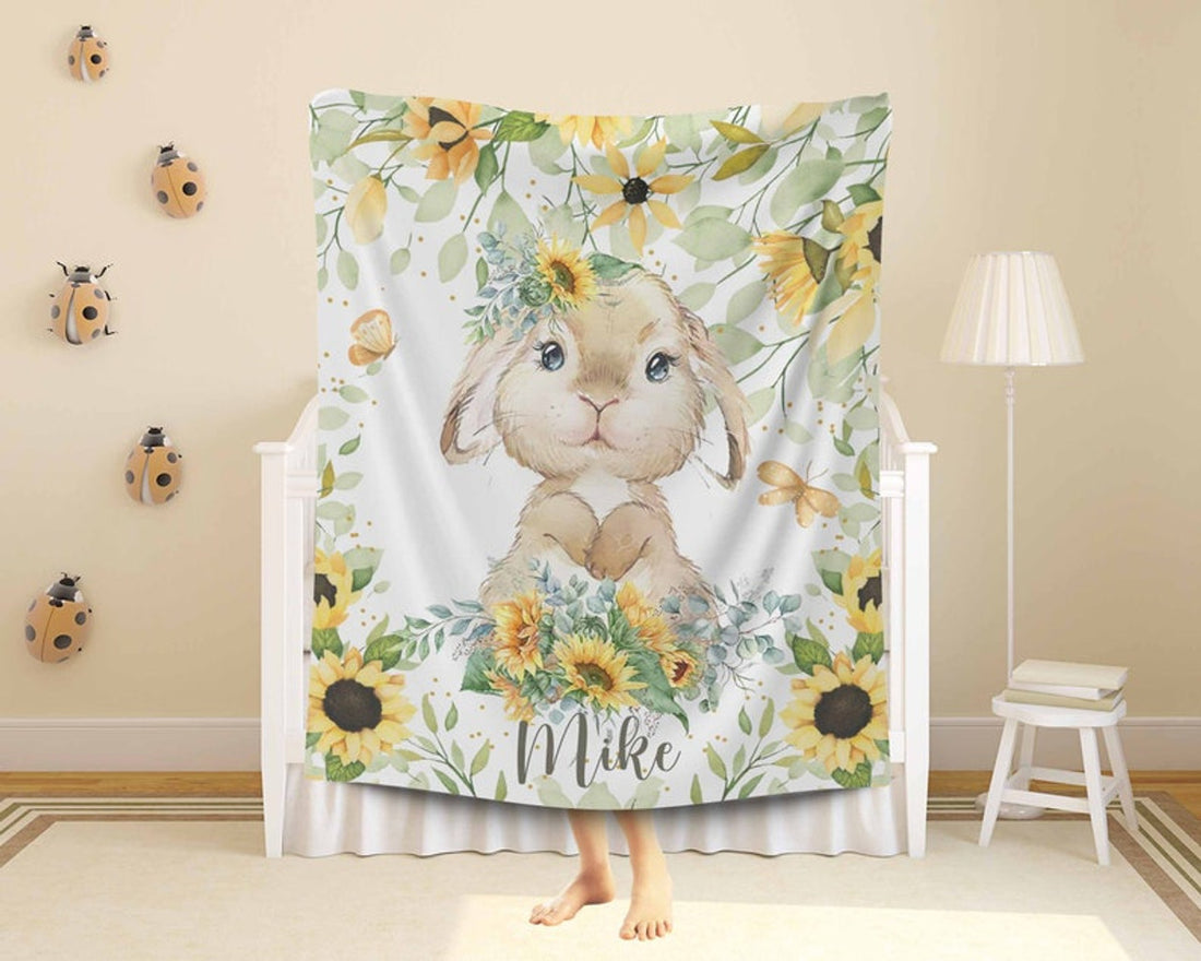 FUNSTUFFPRINT Custom  Bunny Sunflower Nursery Blanket, Personalized Baby Animal Blanket, Baby Rabbit Blanket, Kids Custom Name Blanket, Floral Baby Shower Gift