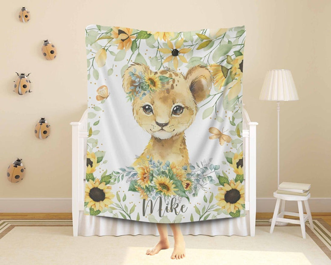 FUNSTUFFPRINT Custom  Lion Sunflower Nursery Blanket, Personalized Baby Animal Blanket, Safari Baby Blanket, Kids Custom Name Blanket, Floral Baby Shower Gift