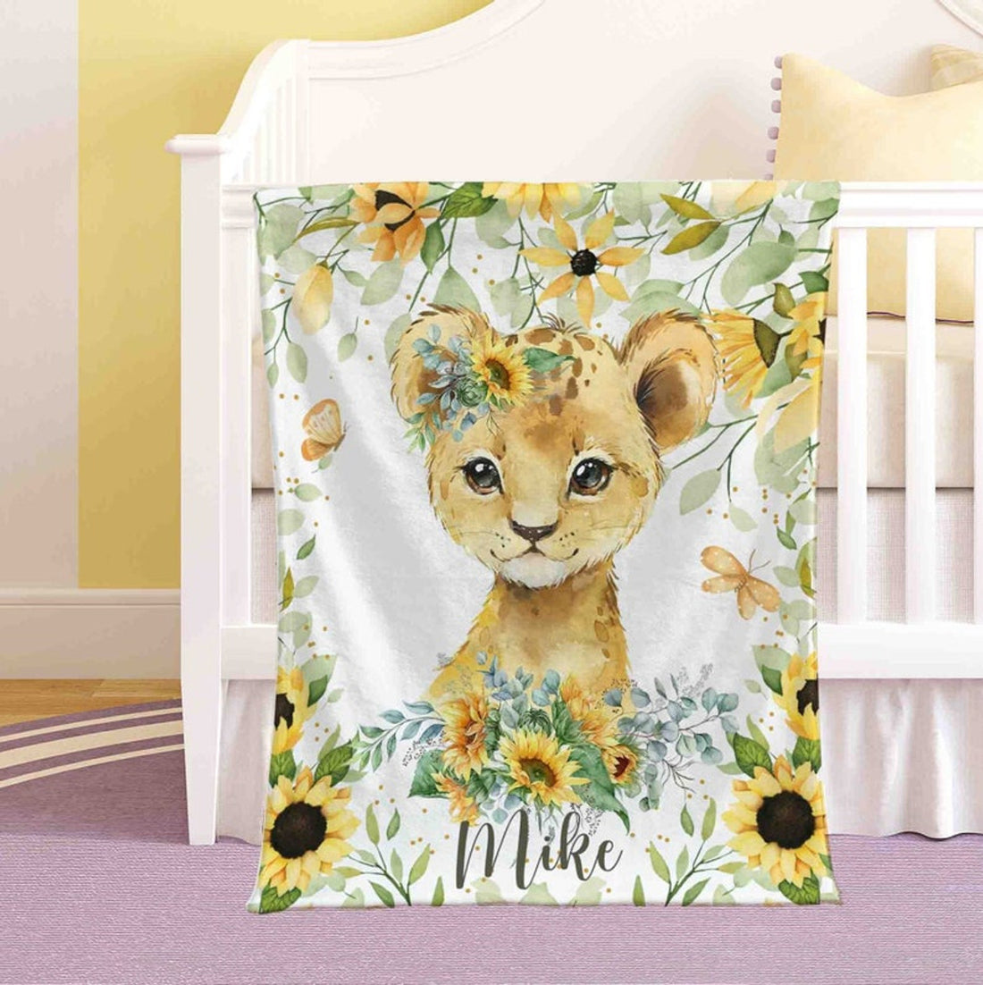 FUNSTUFFPRINT Custom  Lion Sunflower Nursery Blanket, Personalized Baby Animal Blanket, Safari Baby Blanket, Kids Custom Name Blanket, Floral Baby Shower Gift