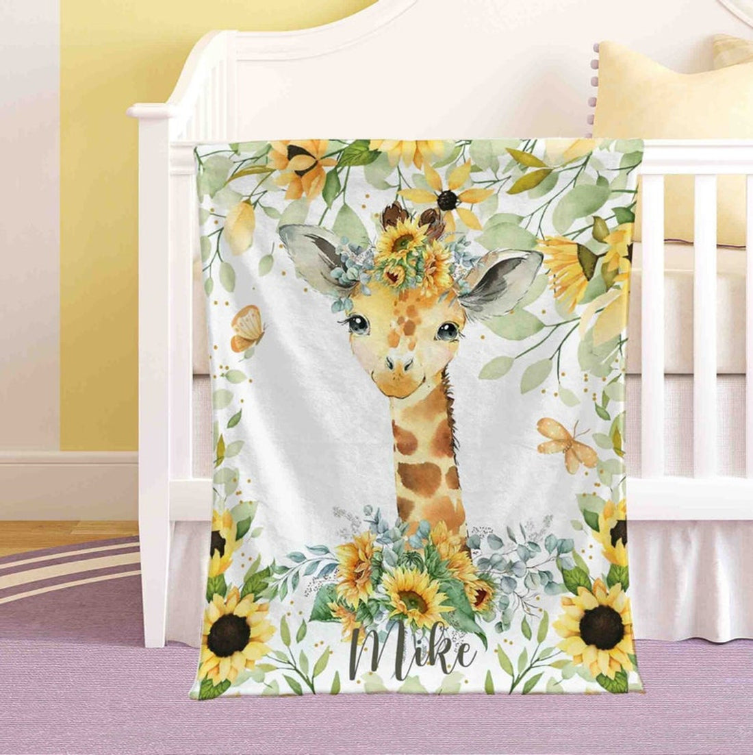 FUNSTUFFPRINT Custom  Sunflower Giraffe Nursery Blanket, Personalized Baby Animal Blanket, Safari Baby Blanket, Kids Custom Name Blanket, Floral Baby Shower Gift