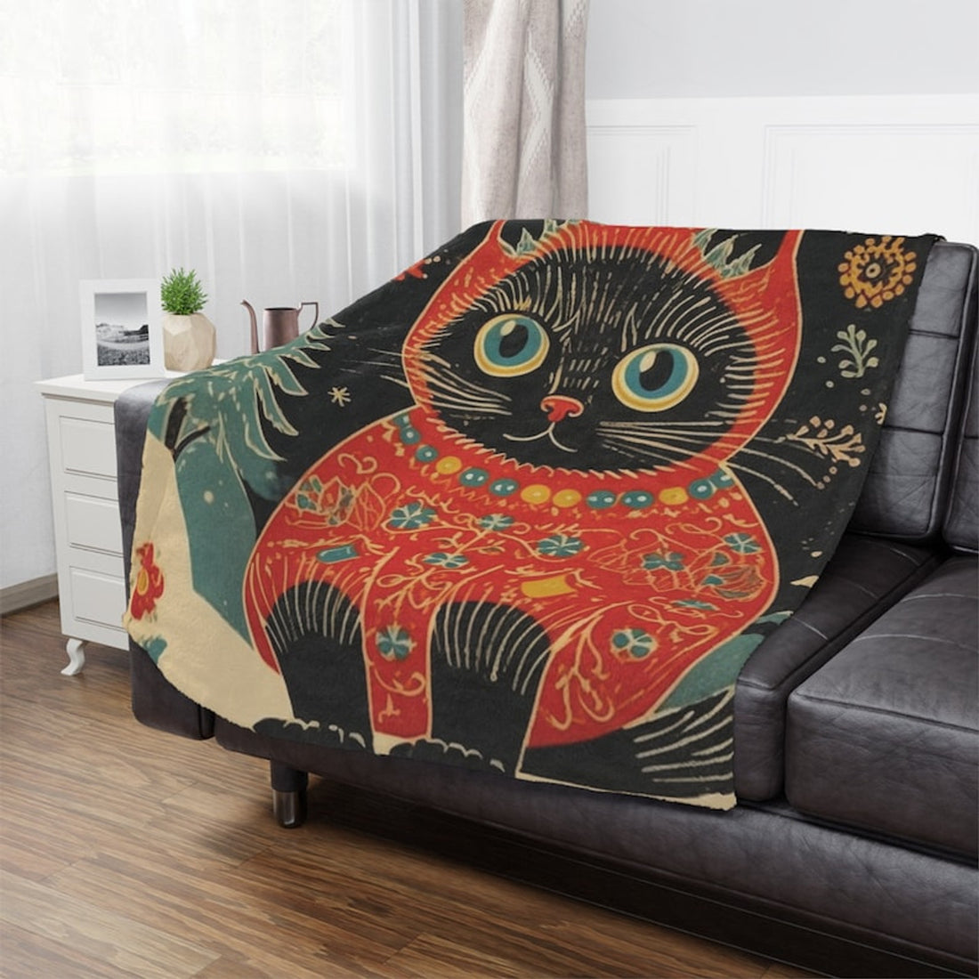 FUNSTUFFPRINT Scandinavian Print Black Cat Christmas Minky Blanket, Christmas Blanket for Cat Owners, Cat Lovers Holiday Blanket, Family Holiday Gifts