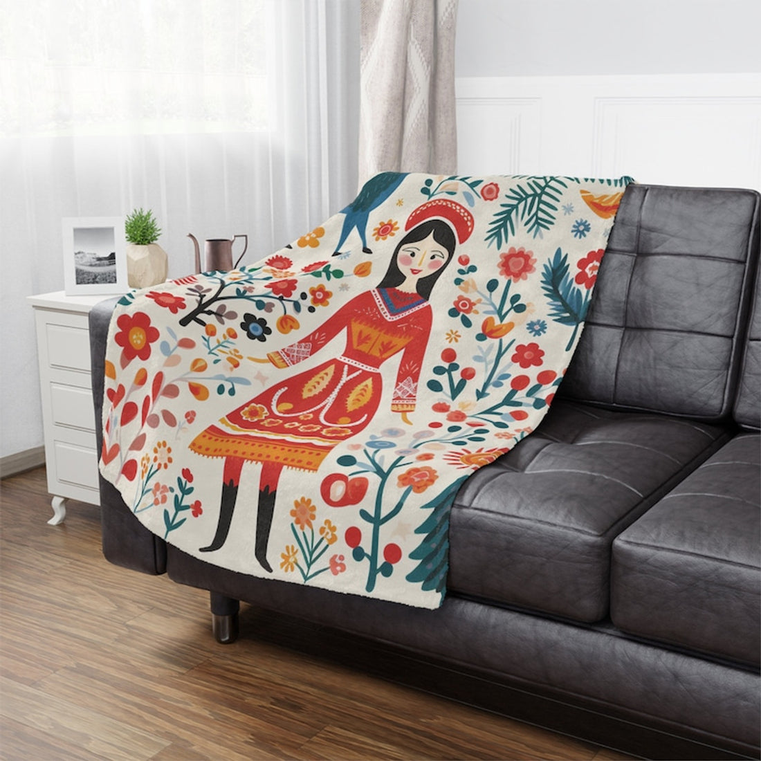 FUNSTUFFPRINT Scandinavian Holiday Minky Blanket, Christmas Blanket with a Nordic Folk Print, Family Holiday Blanket, Nordic Christmas, Scandi Home Decor