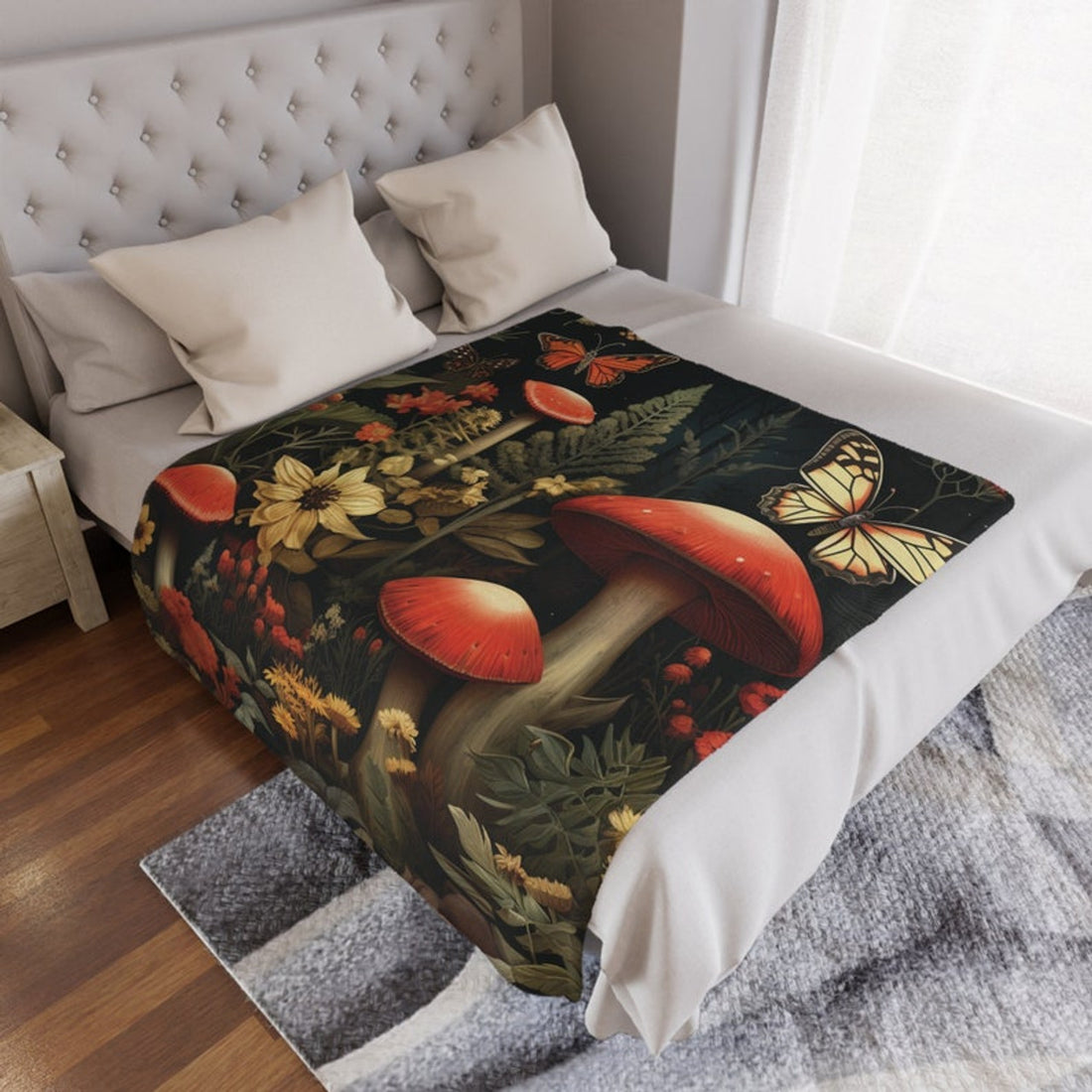 FUNSTUFFPRINT Moody Mushroom Minky Blanket, Goblincore Mushroom Blanket, Cottagecore Gifts, Soft Plush Blanket for Mushroom Lovers, Dark Forest Scene