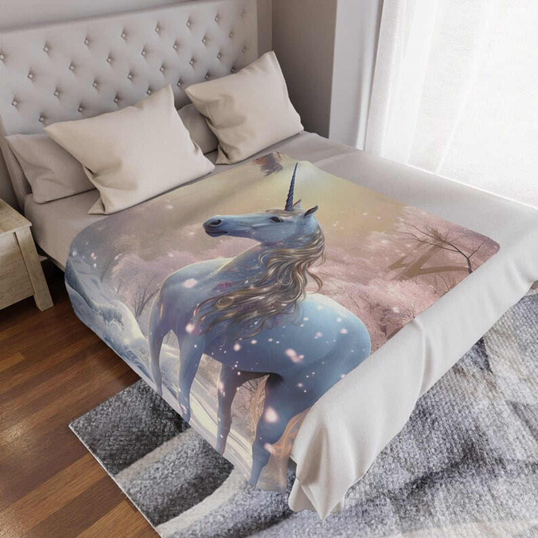 FUNSTUFFPRINT Magical Unicorn in the Snowy Forest Minky Blanket, Warm and Cozy Mythical Creatures Blanket, Cozy Fleece White Unicorn Warm Throw Blanket