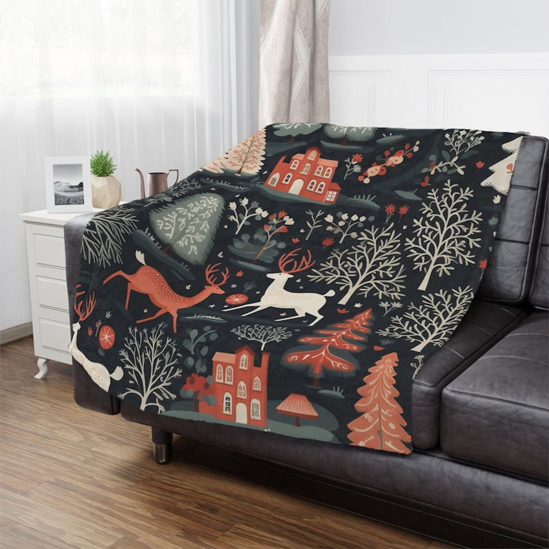 FUNSTUFFPRINT Scandinavian Print Minky Blanket, Nordic Folk Art Printed Fleece Blanket for the Holidays, Christmas Blanket for Family, Scandi Home Decor