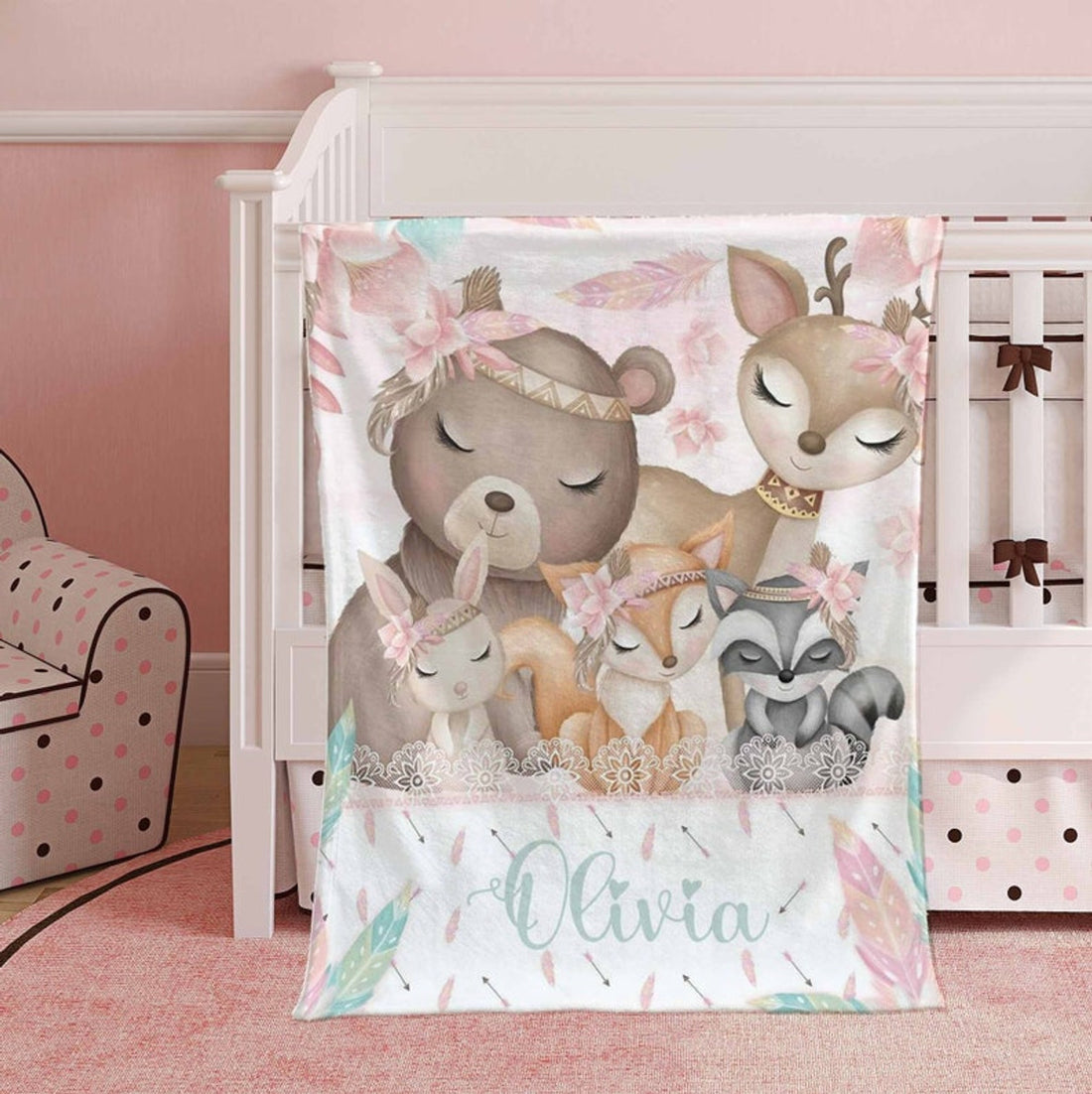 FUNSTUFFPRINT Custom  Woodland Animal Nursery Blanket Personalized Sleeping Animal Blanket Baby Blanket Kids Custom Name Blanket Floral Baby Shower Gift