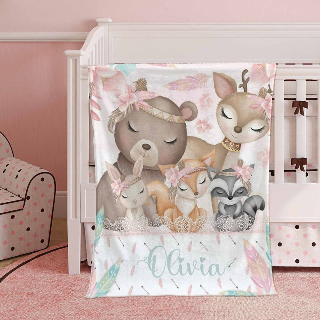 FUNSTUFFPRINT Custom  Woodland Animal Nursery Blanket Personalized Sleeping Animal Blanket Baby Blanket Kids Custom Name Blanket Floral Baby Shower Gift