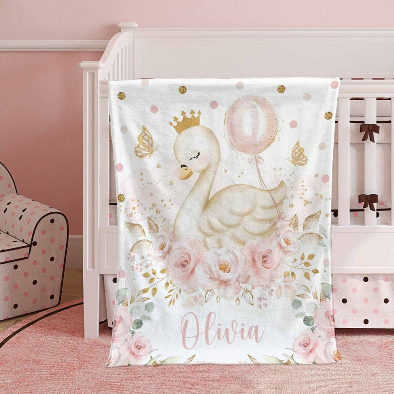 FUNSTUFFPRINT Custom  Princess Swan Blanket Personalized Christmas Nursery Blanket Little Swan Kids Custom Name Blanket Spring Floral Baby Shower Gift For Girls