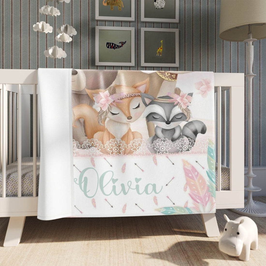 FUNSTUFFPRINT Custom  Woodland Animal Nursery Blanket Personalized Sleeping Animal Blanket Baby Blanket Kids Custom Name Blanket Floral Baby Shower Gift