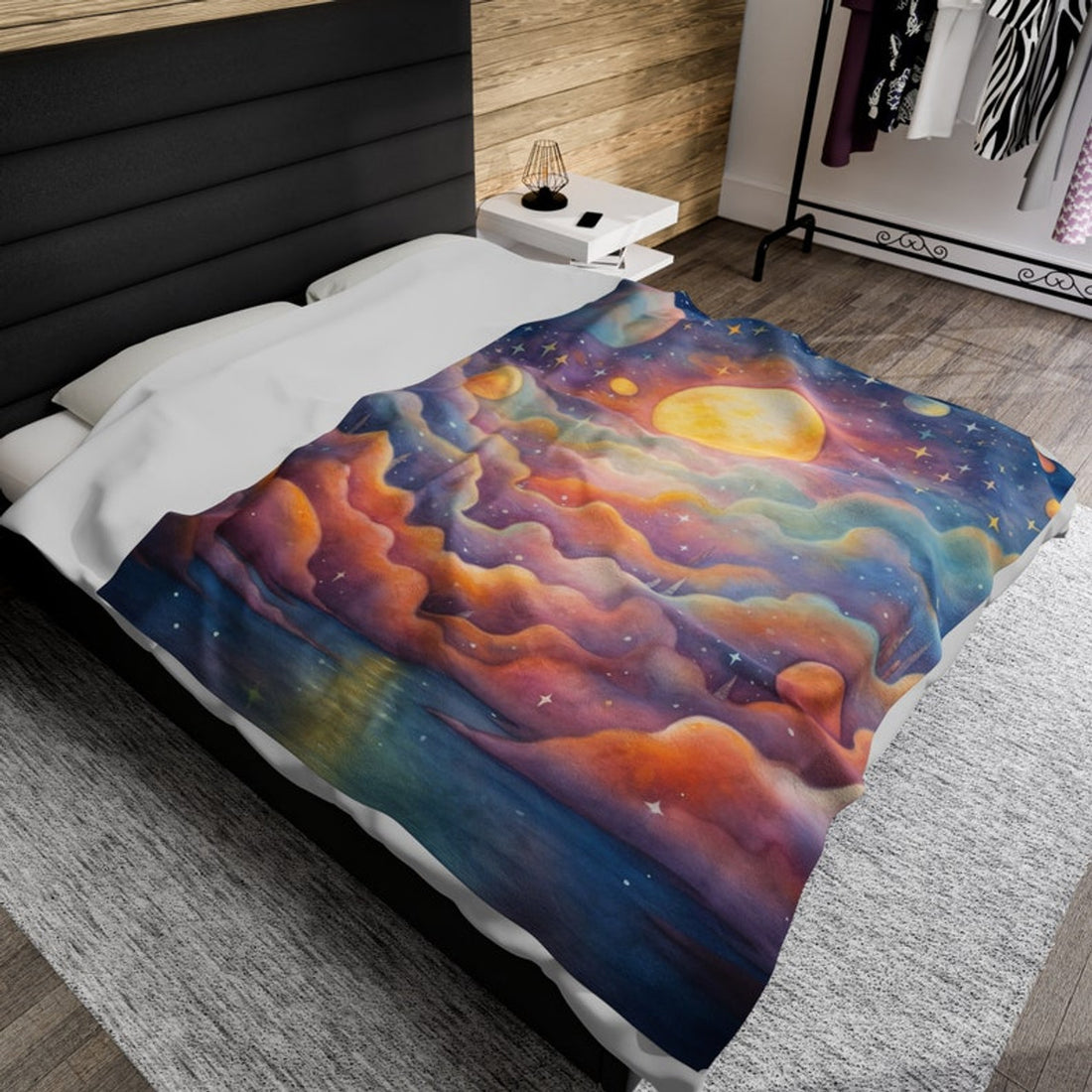 FUNSTUFFPRINT Celestial Sun Moon Stars Pastel Velveteen Plush Fleece Blanket, Cozy Throw Blanket, Birthday Anniversary Christmas Gift Idea
