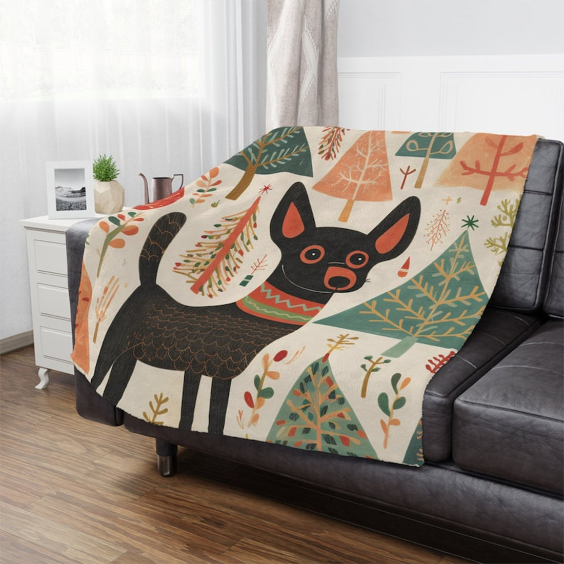 FUNSTUFFPRINT Scandinavian Pup Minky Blanket, Plush fleece Soft Blanket with a Festive Print, Scandinavian Holiday Decor, Festive Couch Throw with Dog